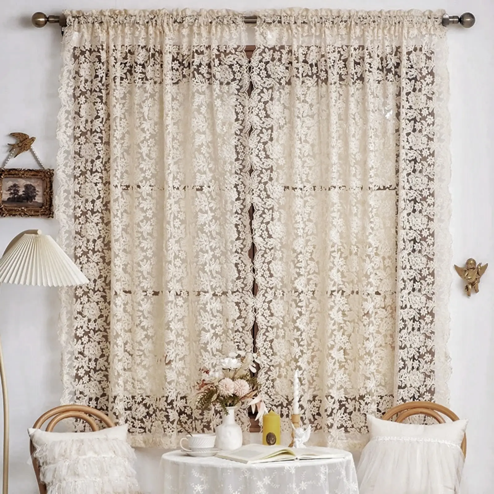 2-Panel Beige Boho Crochet Home Decorative Curtains, Vintage Embroidered Floral Semi Sheer Drapes, Rod Pocket Polyester Fits Lightweight Ready Made Curtains for Bedroom Living Room