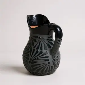 “Handcrafted Black Clay Pitcher – Mexican Pottery Water & Juice Jug with Floral Design”