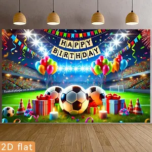 2D Polyester Party Banner - 1pc Birthday Backdrop with Soccer, Football, Lawn Elements, No Electricity Needed, for Party Decor, Home Garden Use