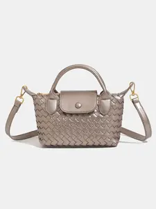 French Luxury Woven Mini Handbag for Women, Fashion Crossbody Handbag - Braided PU Leather Top Handle Crossbody Purse, Detachable Adjustable Strap, Polished Gold Hardware, Snap Button Closure, Neutral Classic Colors, Design Ideal for Date Nights