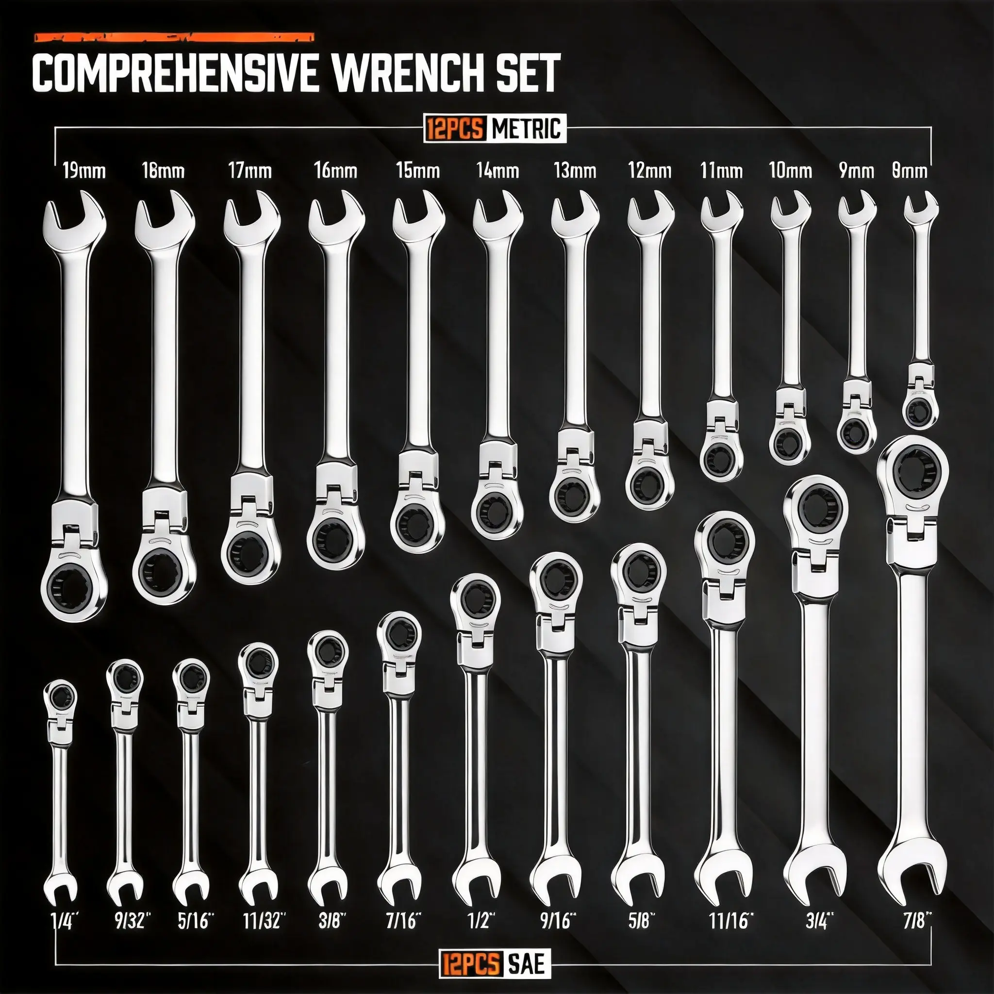 24-Piece Flex Head Ratcheting Wrench Set - Inches/mm Sizes, 72-Tooth Bite Chrome Vanadium Steel Metal Tools, Organizer-Included Hardware Gift