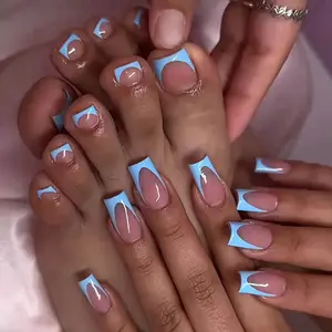 48Pcs Blue French Tip Press on Nails for Hands & Toes, Long Square Glossy Fake Nails, Short Square False ToeNails, Reusable Glue on Nails for Women Manicure & Pedicure Nail Kit