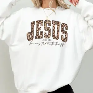 Christian Jesus Sweatshirt, Cheetah Print Faith Crewneck, John 14:6 Bible Verse Sweater, Trendy Religious Gift for Women