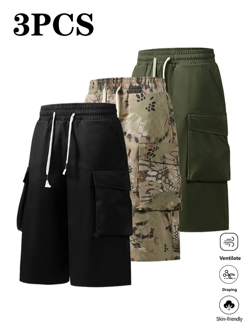 LIFE KEEPS MOVING 3-Pack Men’s Casual Cargo Shorts, Loose Fit, Drawstring Waist, Large Side Pockets, Versatile Everyday Shorts for Outdoor Sports and Running Workouts, Street Hip-Hop Style, Knee-Length Shorts, Cargo Shorts