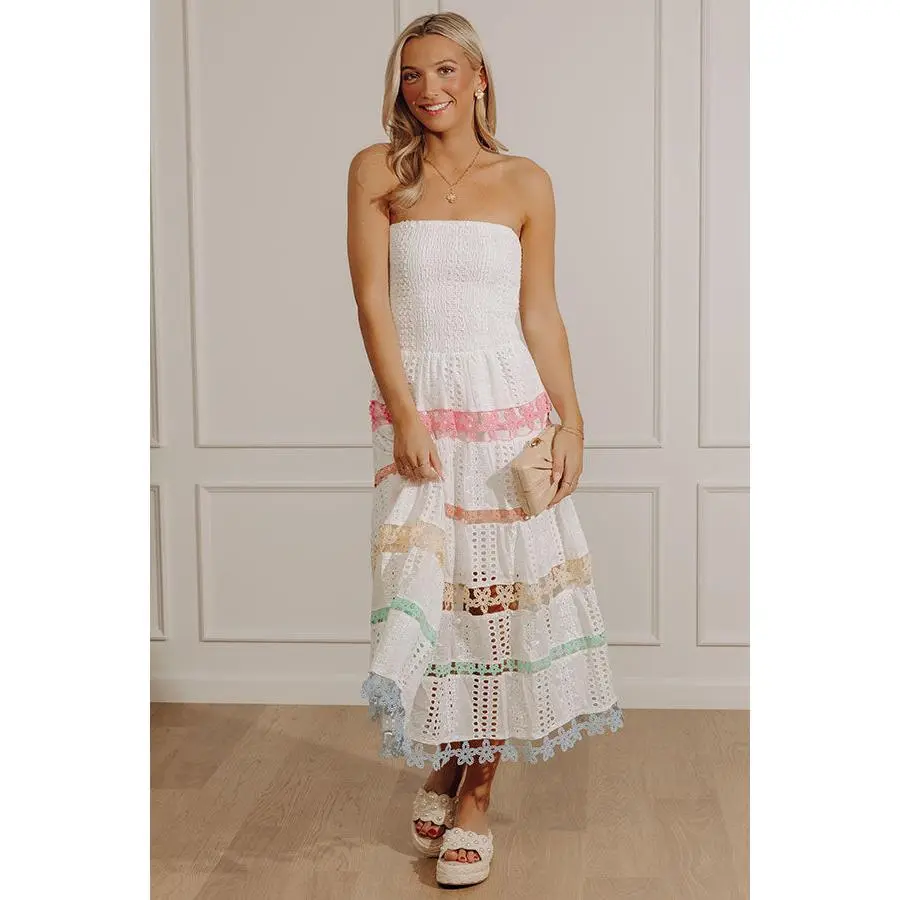 Twirl On The Terrace Eyelet Tiered Midi Dress
