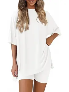 Women's Casual Round Neck Split Loose Shorts Sleeve Home Wear Set, Comfortable Loungewear for Daily Use