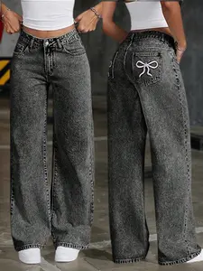 Teen Girls Fashion Embroidered Snowflake Washed Wide Leg Jeans, Casual Loose-Fitting Denim Jeans, All Seasons Style