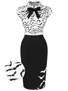 BLACK 1960S BATS BOW LAPEL PENCIL DRESS Womenswear Shortsleeve Gothic