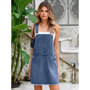 Simplee #SummerVibes Denim Overall Dress | Casual Loose Jean Jumper | Adjustable Strap Mini Romper Dress
