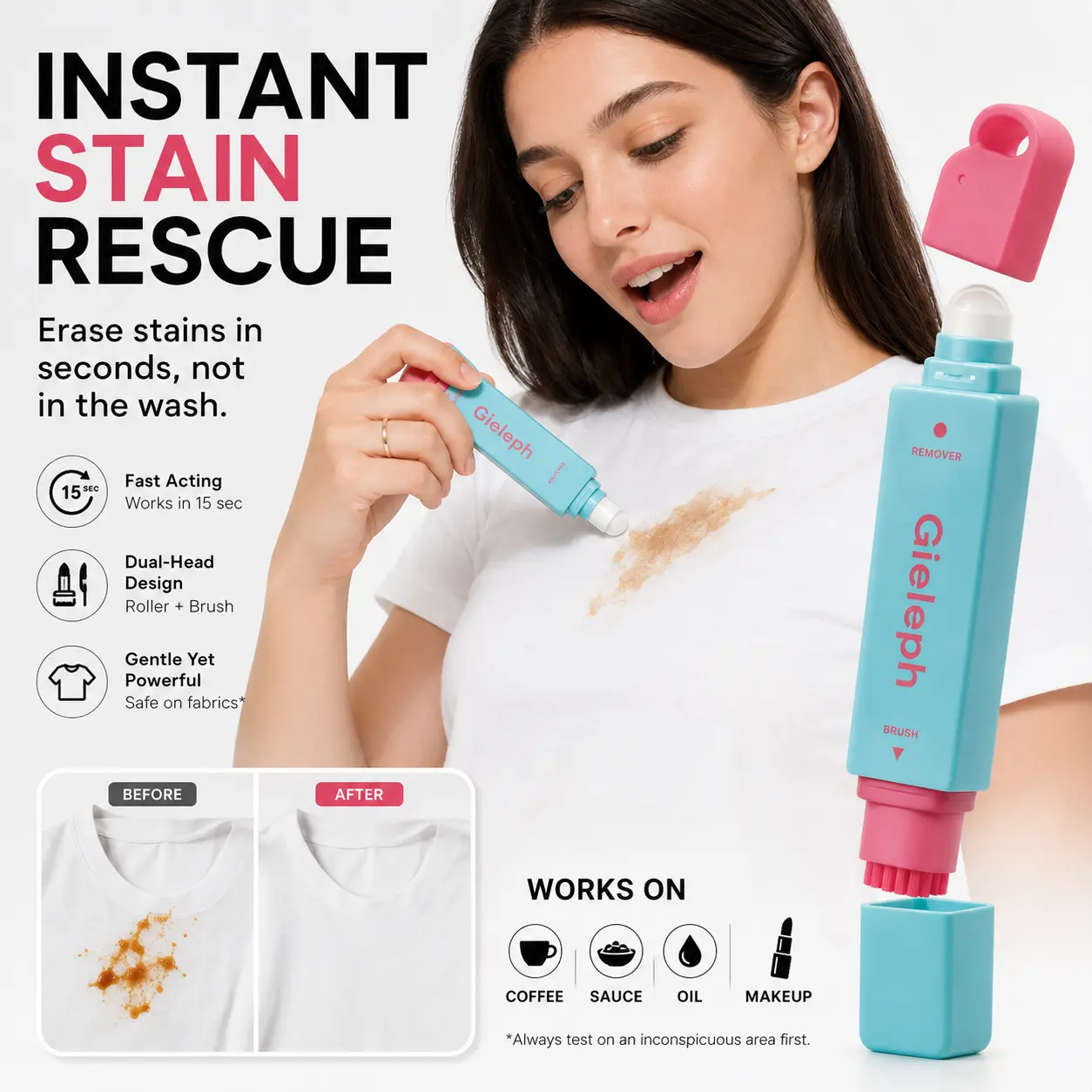 Gieleph Instant Stain Remover Pen for Clothes& Bags, Portable Dual-Head Cleaning Pen for Coffee, Oil & Makeup Stains