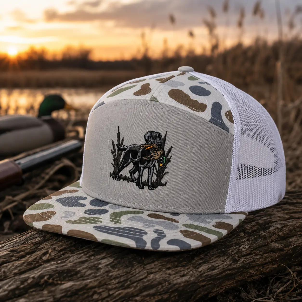 Black Lab Duck Hunting Trucker Hat, Embroidered Retriever Camo Hat, Waterfowl Hunter Cap, Duck Dog Hunting Hat, Outdoor Hunting Gift for Men