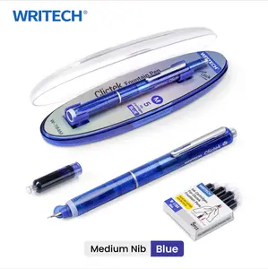 WRITECH Clictek Fountain Pen Retractable: Blue Ink Medium Nib Transparent Barrel, Gift Set Includes 5 Ink Cartridges for Smooth Writing No Leaking Office Supplies