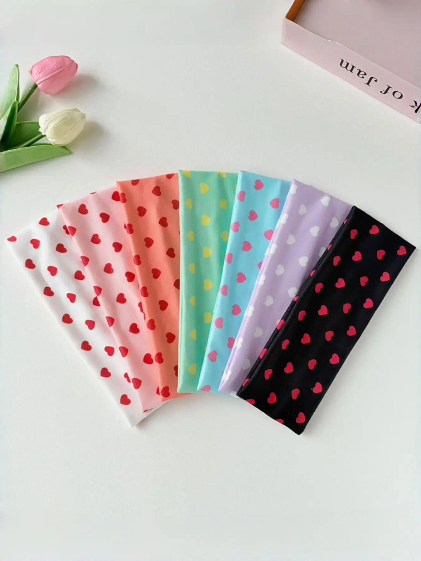 7 Pcs Macaron Heart Print Wide Elastic Hairbands, Stretchy Headbands, Multi-Color Heart Patterns, Comfortable High-Elastic Fabric, Ideal for Sports & Daily Use