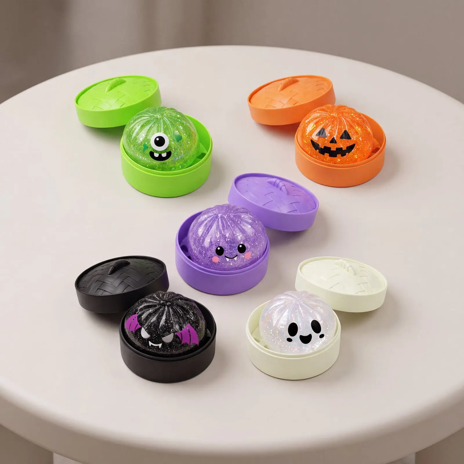 Halloween Glitter Squishy Dumpling Toy with Mini Steamer Box, Slow Rising TPR Squeeze Dumpling Fidget Toy, Cute Ghost Pumpkin Monster Stress Relief Sensory Toy, Kids Halloween Party Favors Birthday Gift