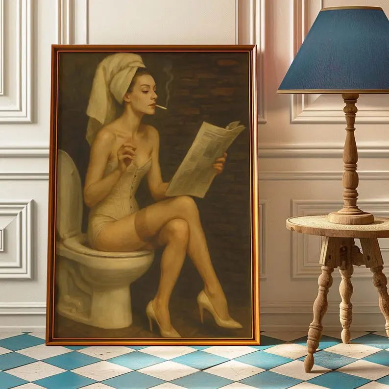 Woman With Cigarette And Newspaper Bathroom Wall Art - Vintage Cigarette Poster - Retro Bathroom Decor - Girl Sitting On Toilet Art Print [UNFRAMED]