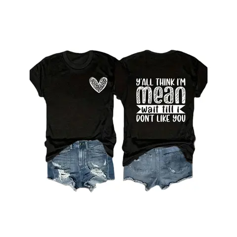 Women's Oversized Baggy Short-Sleeve Cotton T-Shirt - Casual Solid Clothes with Funny Sarcastic "Y'all Think I'm Mean" Quote, Trendy Heart Graphic, Breathable Fashion Fabric, Funny Shirts, Women's Fashion, Clothes For Women