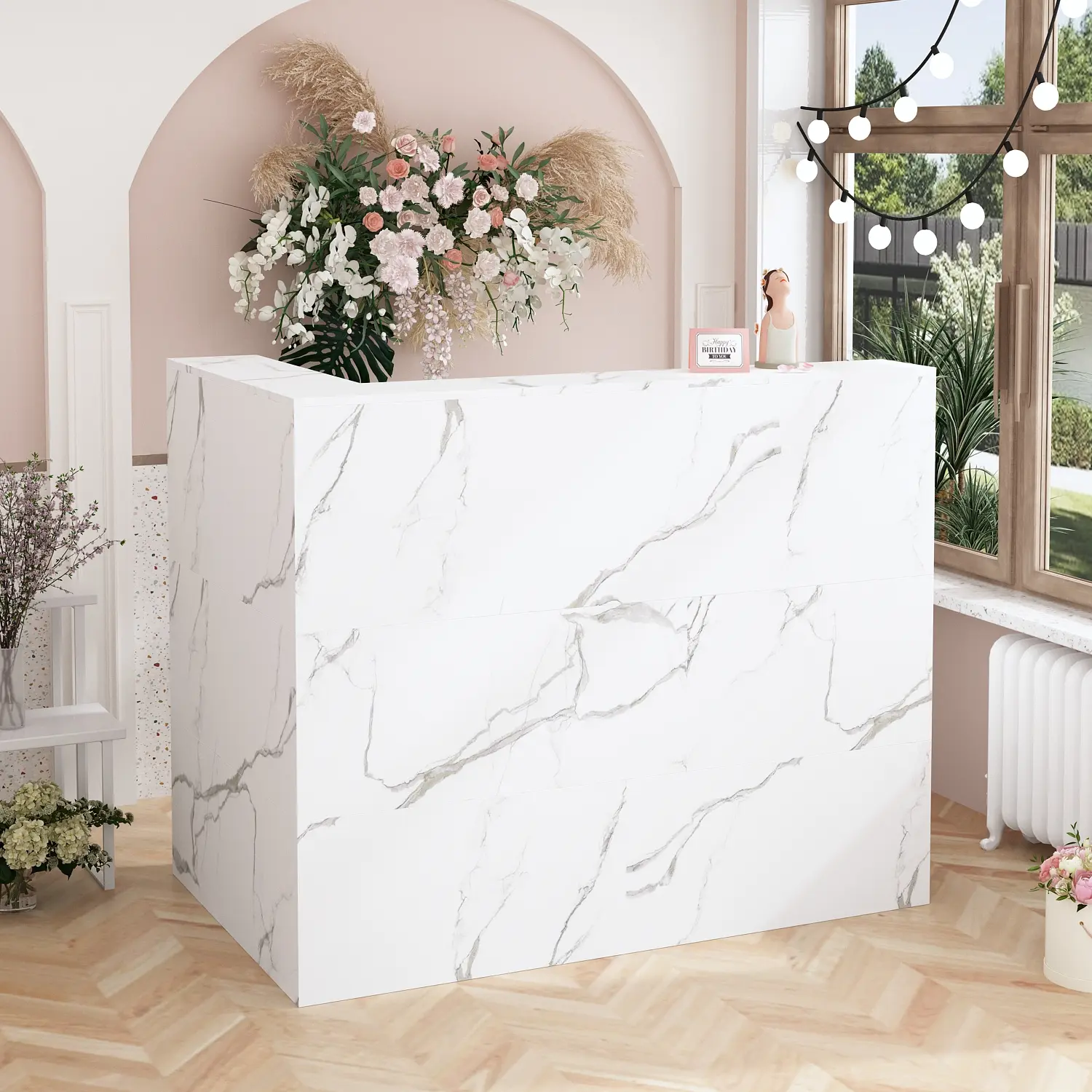 FUFU&GAGA Modern Reception Desk Counter Table, L-Shap Reception Room Front Desk with Lockable Drawer & Open Shelves