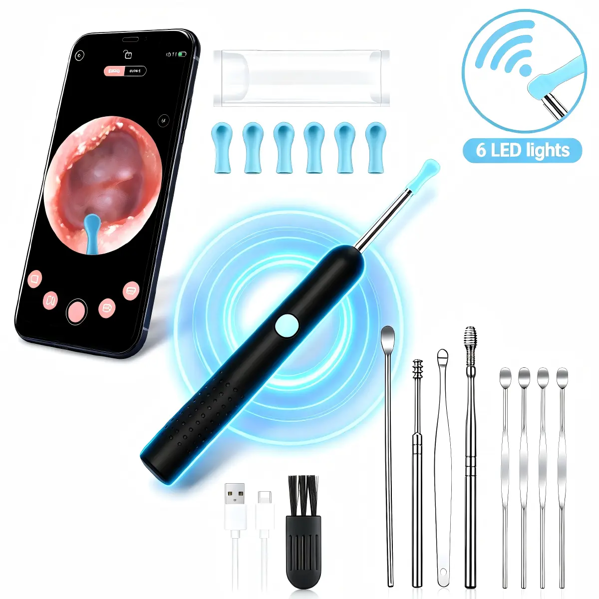 Visual Earwax Remover Tool, Rechargeable Ear Cleaning Kit with WiFi Camera, Waterproof and Gentle Earpick with 6 Silicone Heads, Ear Cleaning Stick, Wand, 6 Heads, Visual Guide, Ear Relief Earwax Removal Products