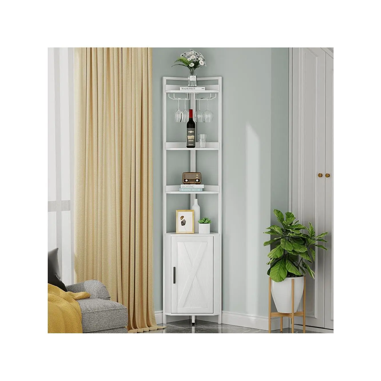 High quality  VOWNER 71 Tall Shelf With Door 6 Tier Storage Cabinet Freestanding Corner Bookshelf Display Rack Shees For Living Room Home Office Kitchen White