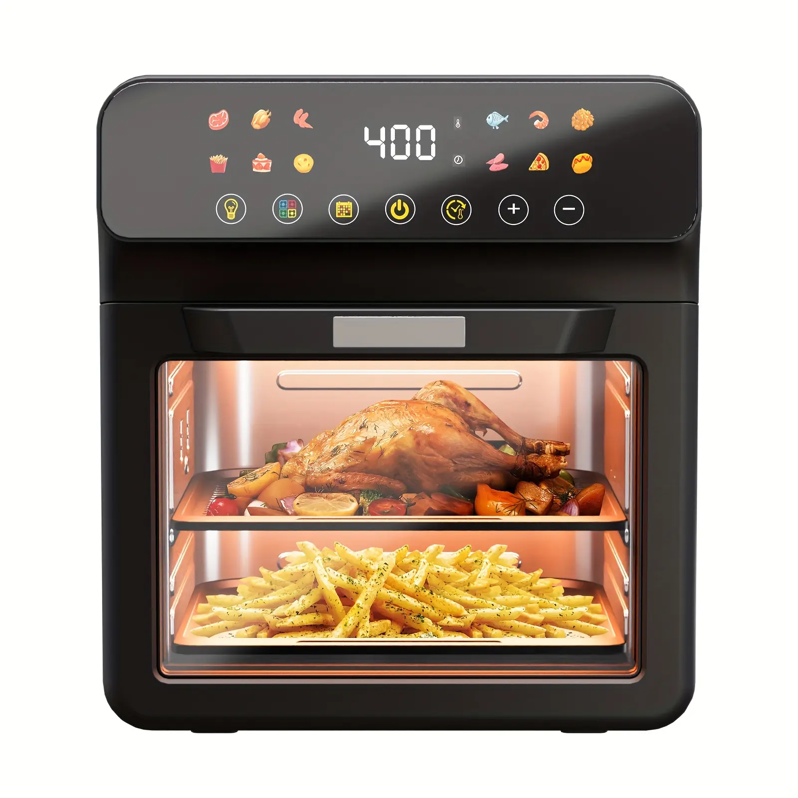 TazTir 6-in-1 12L Digital Air Fryer with Touchscreen - Countertop Convection Oven, Dehydrator, Electric Steamer, Quick Defrost, 19 Touch Buttons, XL Family Size, Auto Shutoff, Large Window, 220V Plug, Digital Panel, Black