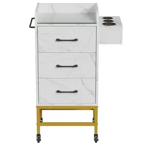 Salon Storage Trolley Cart, Rolling Barber Station w/Toughened Glass Top, Drawers, Hair Dryer Holders, Towel Rack, Locable Wheels