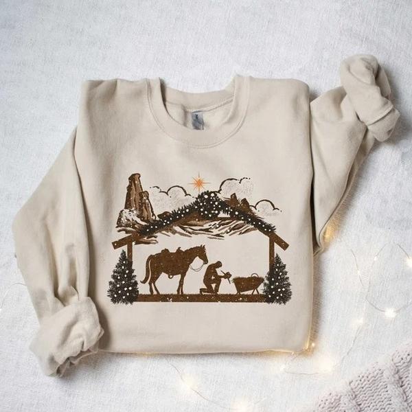 Praying Cowboy Manger Sweatshirt, Hoodie, Religious Western Christmas Cowboy, Western Christmas Sweatshirt, Christmas Gift for Christian