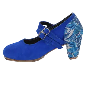 Danzarteb Women's Royal Blue Oaxaqueño Ankle Dance Shoes with 7cm Wooden Heel & Double Buckle Strap for Folklorico Performance