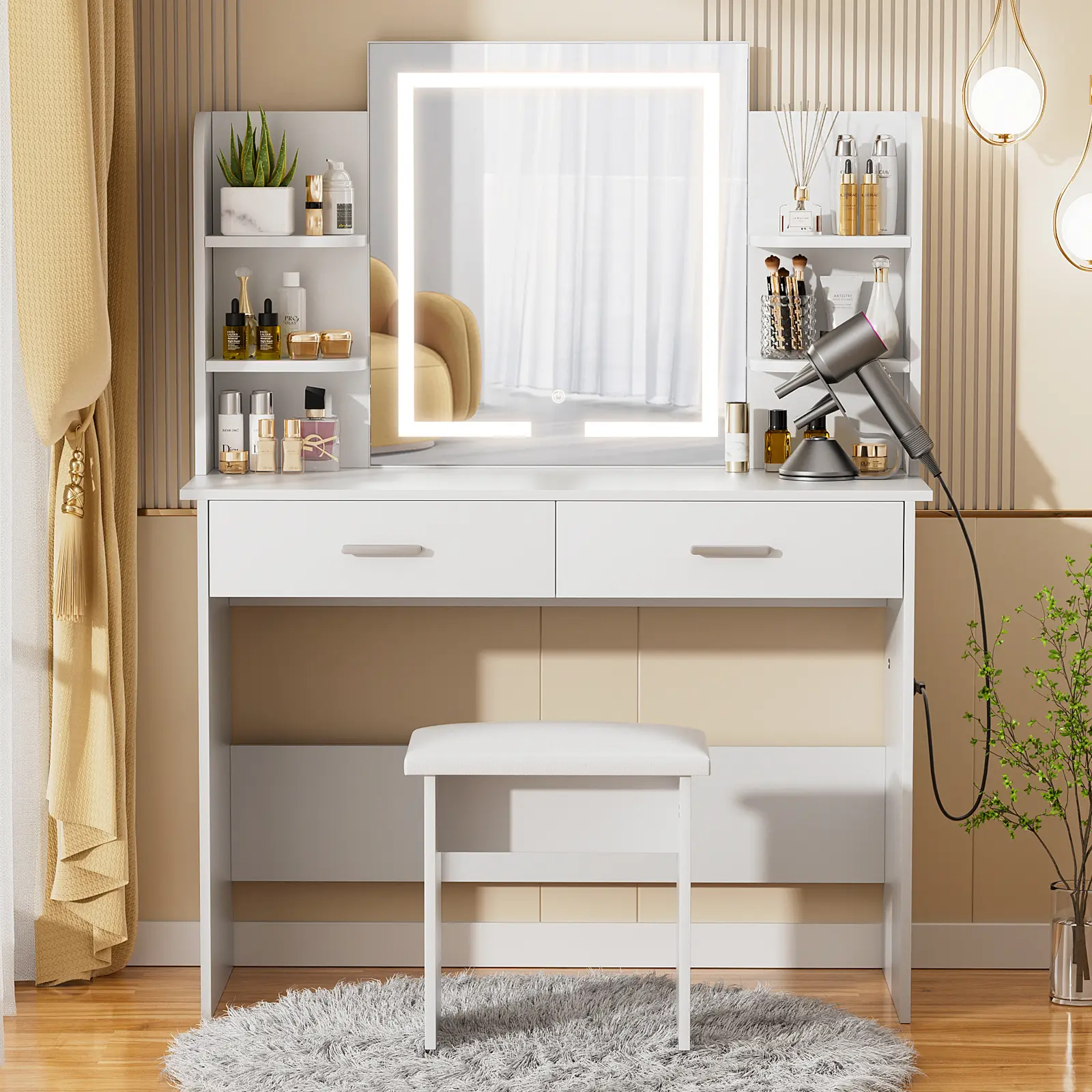 VOWNER Modern Makeup Vanity Desk with Lighted Mirror,2 Drawers,6 Storage Shelves and Cushioned Stool VOWNER Modern Makeup Vanity Desk with Lighted Mirror,2 Drawers,6 Storage Shelves and Cushioned Stool