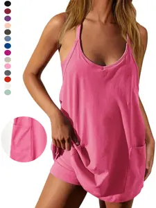 Women's Athletic Sleeveless Mini Dress with Shorts, Summer V Neck Spaghetti Strap, Short Spring Tennis Dress with Pockets