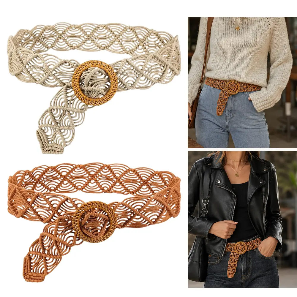 2 Packs Bohemian Style Straw Rope Braid Waist Belt with O-Ring for Women Girls Braided Woven Waistband for Dress
