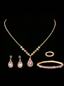5 Piece Sparkling Rhinestone Teardrop Jewelry Set Y2K Sweet Cool Style Earrings Ring Bracelet Necklace Bridal Wedding Dress Accessories