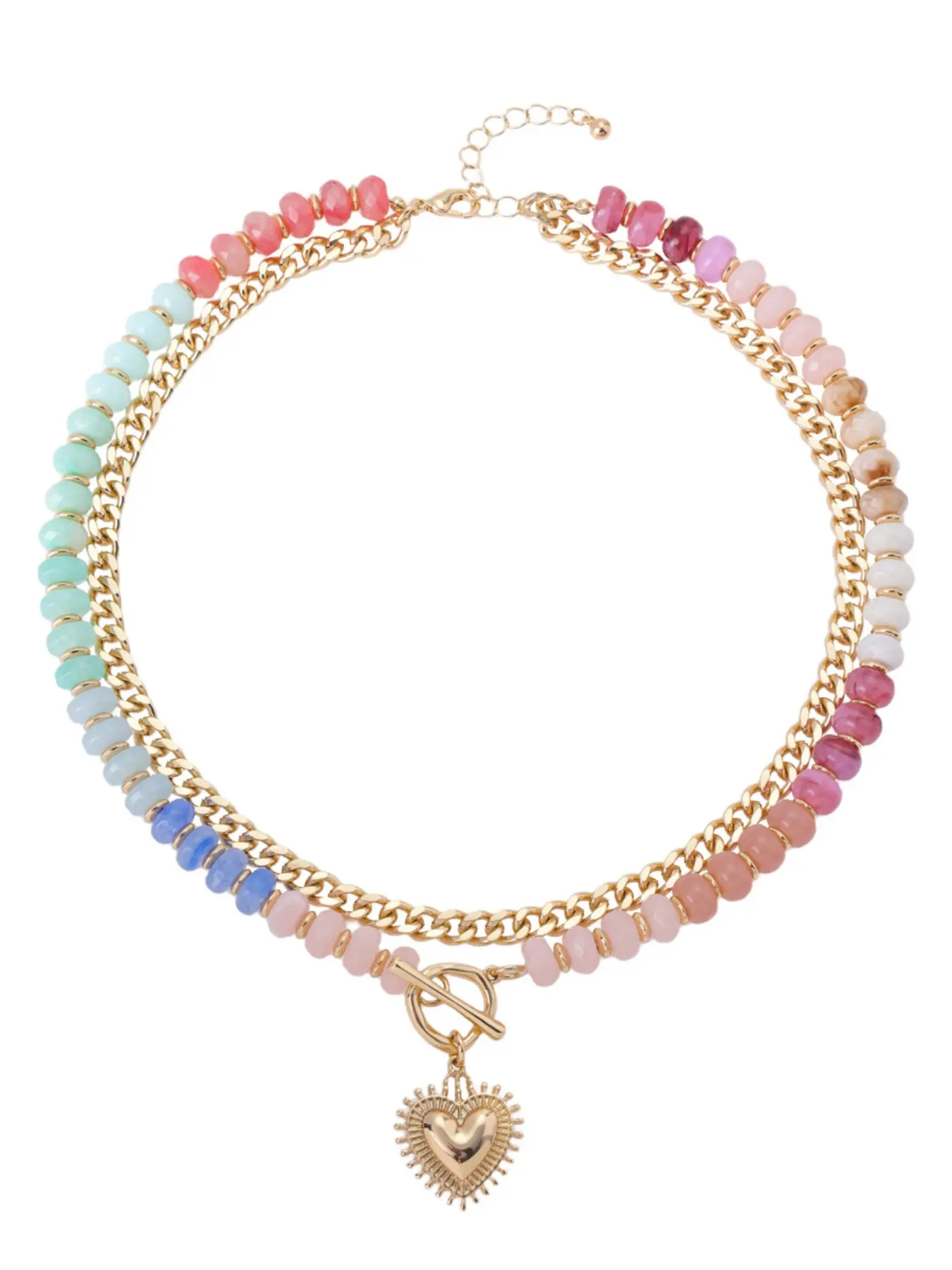 Double-Layer Colorful Beaded Cuban-Link Choker Necklace with Heart Pendant, Stylish Jewelry for Women, Perfect Gift Idea, Alloy Pendant Necklace, Double Layered Jewelry, Cuban Chain Necklace, Cuban Necklaces