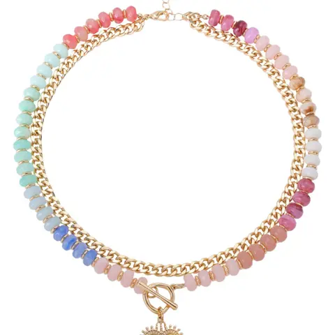 Double-Layer Colorful Beaded Cuban-Link Choker Necklace with Heart Pendant, Stylish Jewelry for Women, Perfect Gift Idea, Alloy Pendant Necklace, Double Layered Jewelry, Cuban Chain Necklace, Cuban Necklaces