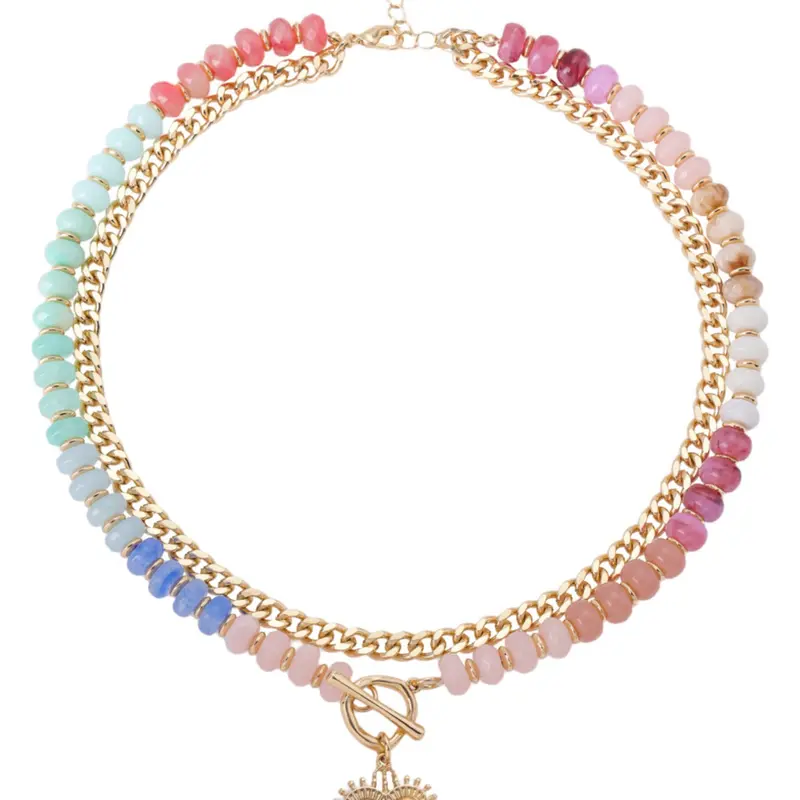 Double-Layer Colorful Beaded Cuban-Link Choker Necklace with Heart Pendant, Stylish Jewelry for Women, Perfect Gift Idea, Alloy Pendant Necklace, Double Layered Jewelry, Cuban Chain Necklace, Cuban Necklaces