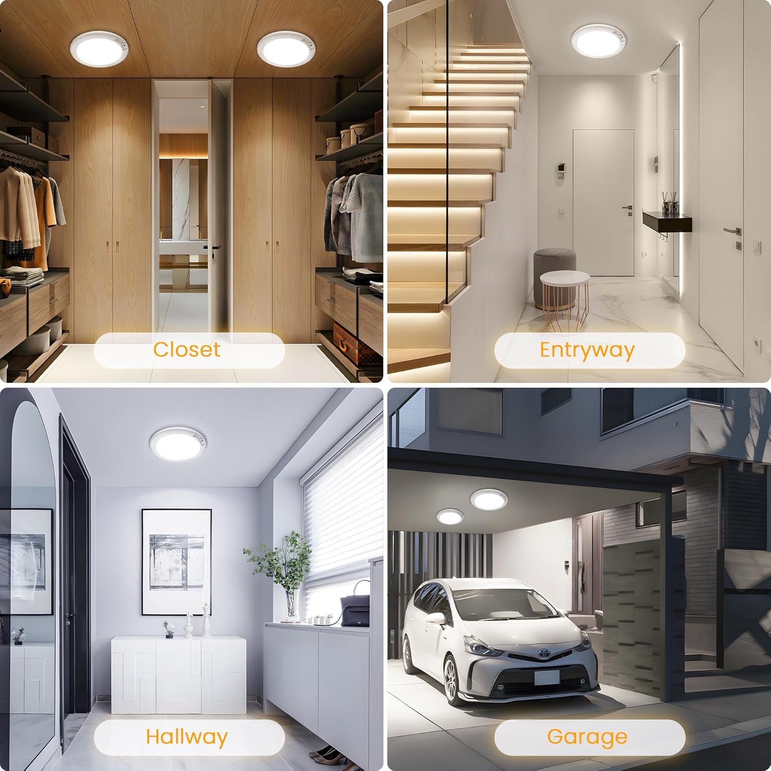 1/4 Pack Wireless Motion Sensor Ceiling Light, USB-C Rechargeable 5000mAh LED Magnetic Lamp with Remote Control, 3000K-6500K Dimmable IP54 Waterproof Fixture for Bathroom, Closet, Stairway