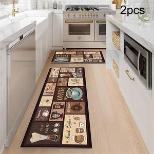 Coffee Themed Kitchen Mat, 2 Counts/set Non-slip Kitchen Floor Mat, Absorbent & Washable Kitchen Rug, Coffee Area Rug, Kitchen Decoration Supplies