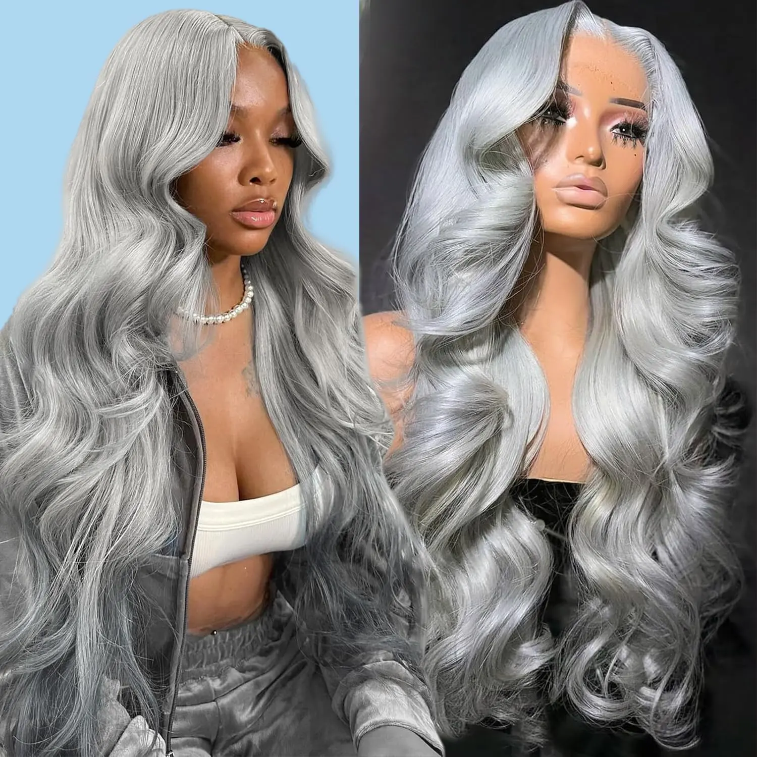 Silver Grey Body Wave Wig Pre Cut 13x6 Transparent Lace Frontal Human Hair Wigs Drawstring Glueless Wig Human Hair For Women 180% Density Pre Plucked with Baby Hair Brazilian Human Hair Lace Front Wig, Adjustable, Female