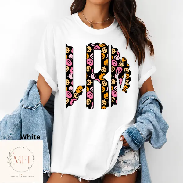 Bright Pumpkins Monogram  Comfort Colors T shirt, Halloween Custom Names Graphic Tshirt