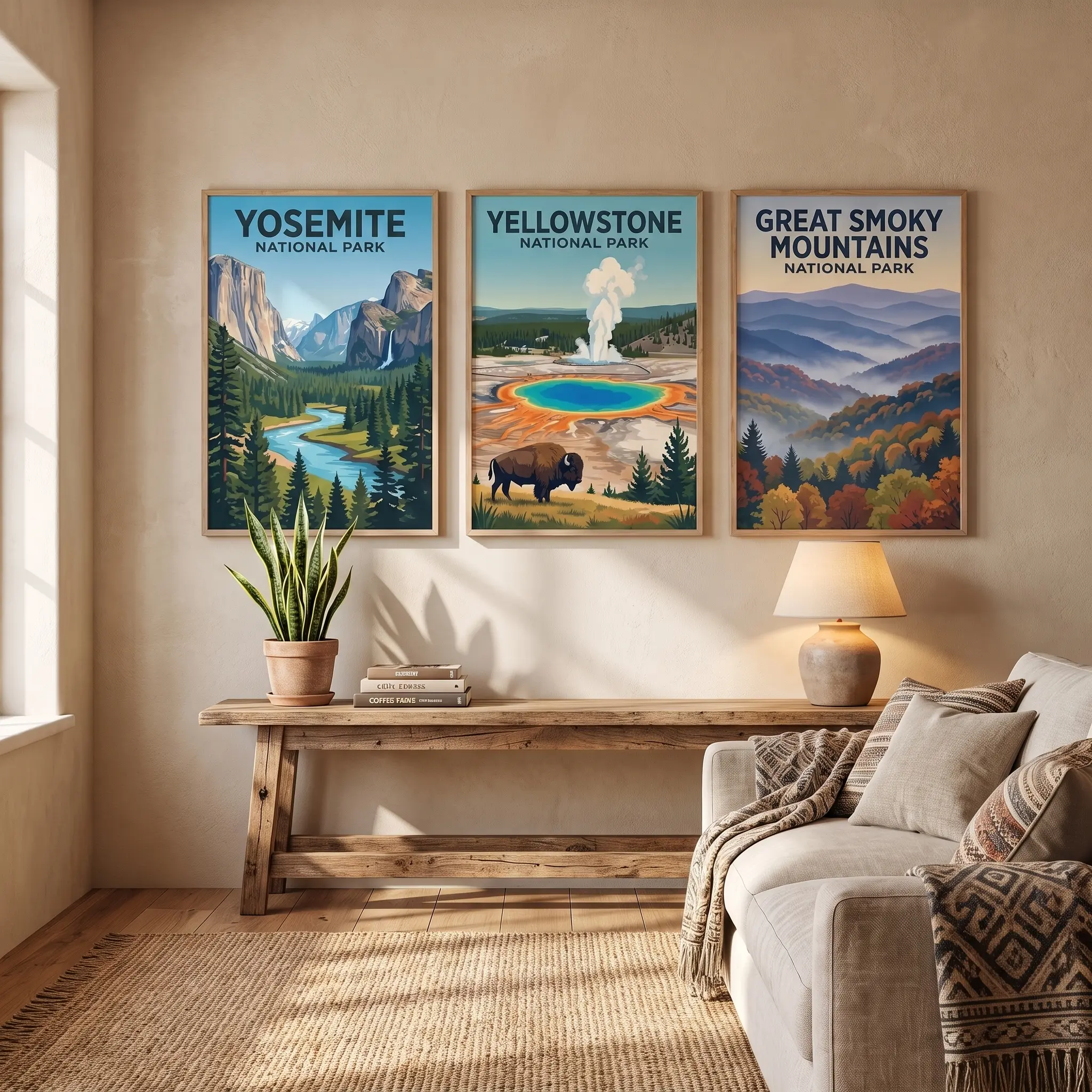 Set of 3 National Park Glossy Posters, Yosemite Yellowstone Great Smoky Mountains Wall Art, Vintage Travel Prints, Mountain Landscape Home Decor Gift