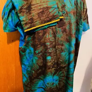Baati Dress 2 piece with Vibrant Blue and Brown Pattern and Yellow Trim