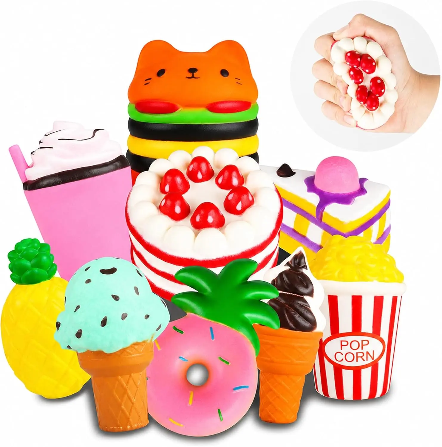 9 Pack Jumbo Slow Rising Squishy Toys – Soft Kawaii Hamburger, Popcorn, Cake, Ice Cream & Donut Squishies, Stress Relief Squeeze Toys for Kids, Boys & Girls