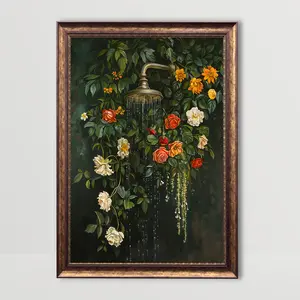 Floating Floral Shower Wall Art, Vintage Botanical Flower Canvas Print, Romantic Garden Roses and Waterfall Painting, Nature Inspired Bathroom Wall Decor for Home Living Room