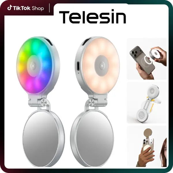 TELESIN Magnetic RGB Selfie Ring Light with Mirror & Phone Stand 360° Full RGB 3 White Light Modes, MagSafe Compatible, Portable Rechargeable LED Fill Light for Makeup, Content Creators, Live Streaming, Video Calls & Travel