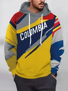 Men's Hoodie with Colombia Flag Design, Blue Block Print Casual Polyester Long Sleeve Fitted Pocket Lightweight Elastic