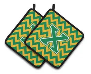 212 MAIN Insulated Oven Pot Holders Pair Pack - Thick Fabric, Chevron Print, Colorful Letter X Design, Green & Gold Hanging Kitchen Linens for Executive Chefs, Holiday Use