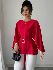 Women's French Style Round Neck Batwing Sleeve Waist Tie Shiny Red Blouse, Elegant Spring/Summer Top For Women