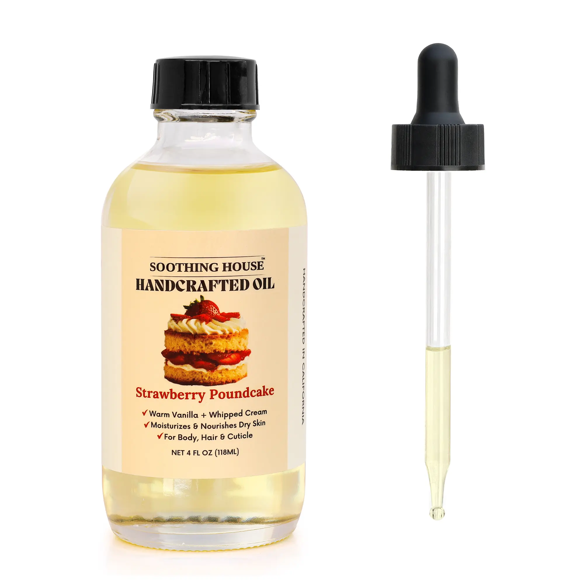 Handcrafted Strawberry Poundcake Body Oil, 3-in-1 Hair, Skin & Cuticle Moisturizer (4 oz) – Gourmet Dessert Scented, Lightweight Dry Skin Care with Jojoba, Sweet Almond & Avocado Oil – Vegan, Cruelty-Free, Handcrafted in California