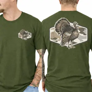 Turkey Camo Graphic T-Shirt - Minimal Gobbler Emblem Featured On The Front , Oversized Wild Turkey And Camouflage Badge Design On The Back , Wildlife Sportsman Apparel , Forest Adventure Clothing , Turkey Camp Outfit , Vintage Southern Style Tops Menswear