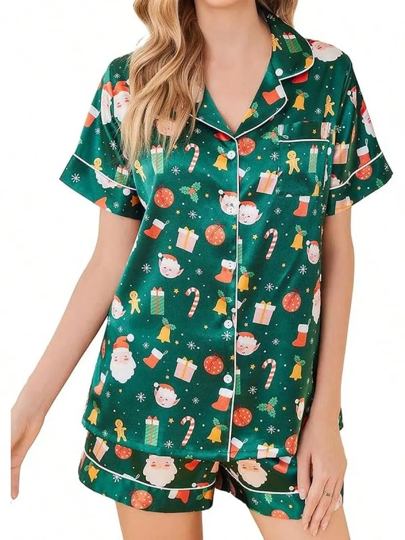 Silk Pajama Sets Womens 2 Pieces Short Sleeve Sleepwear Soft Button Down Loungewear Satin Pjs Shorts Lounge Set S XXL - Christmas Green