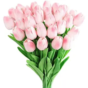 20pcs Pink Faux Silk Tulips Flowers Fake Flowers Bouquets 13.5" Mother's Day Easter Valentine’S Day Gifts in Home Kitchen Wedding Dining Table Decorations Aesthetic No Odor